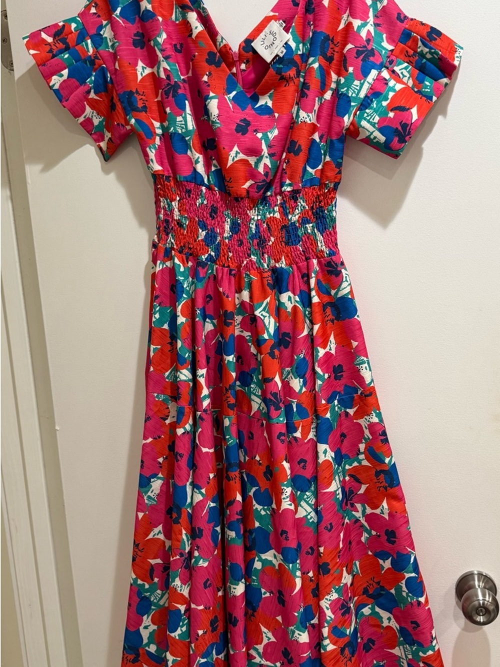 Bright Floral Midi Dress with Smocked Waist